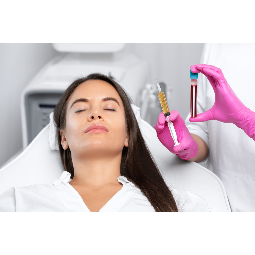 Woman getting ready for cosmetic injection of PRP holding syringe and blood test tube by Cosmetologist. Woman in Clinic | Ella Esthetics in Alexandria, VA